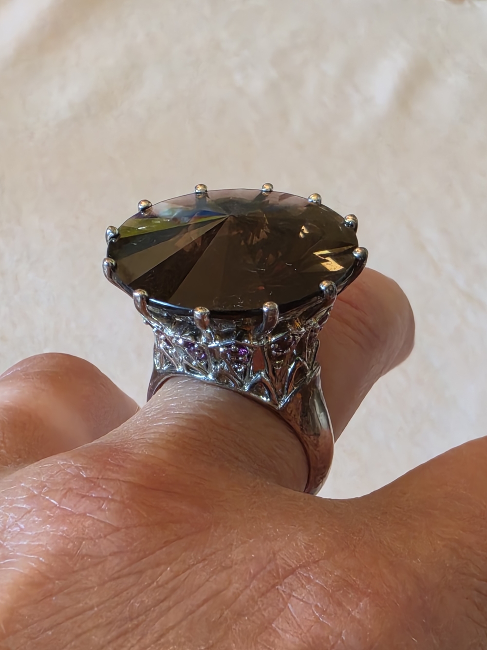 Large Smoky Quartz and Pink Sapphire Accent Vintage Cocktail Ring